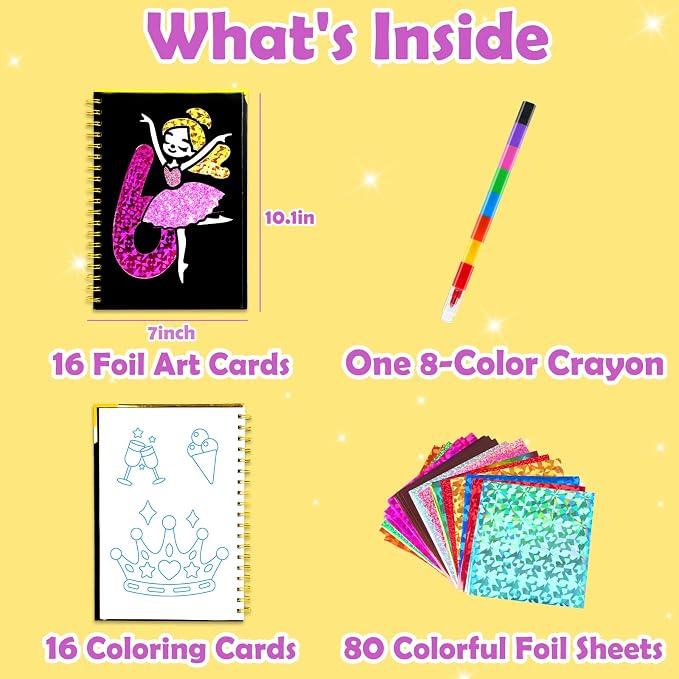 FUNNYB&G Foil Art Craft Kit for Kids 4-10 Years Old: Mess-Free & No-Glue, Create 16 Sparkly Happy Birthday Pictures – Perfect Travel Toy & Birthday Gift for Kids（Happy Birthday）