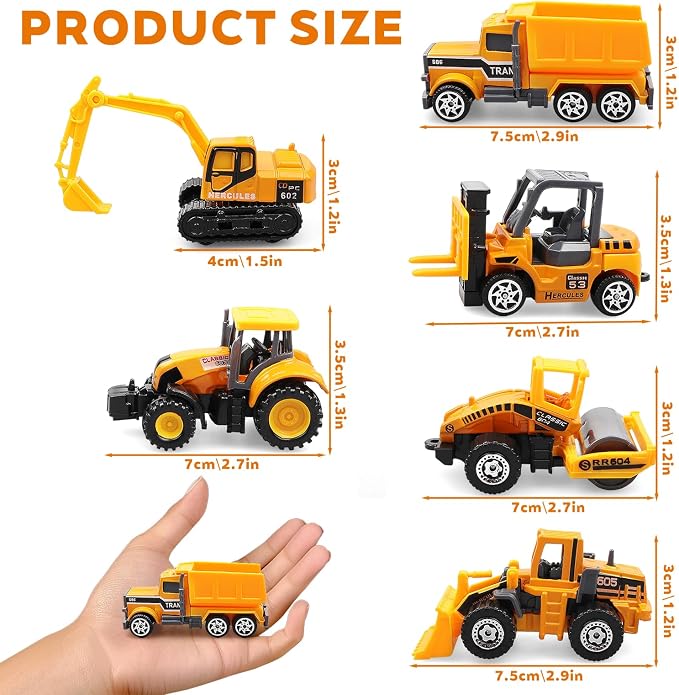 6 Pack Diecast Construction Vehicle Toys – Mini Construction Truck Set with Excavator, Dump Truck, Bulldozer & Mixer for Boys Girls Ages 3+, Birthday Party Favors & Goodie Bag Stuffers