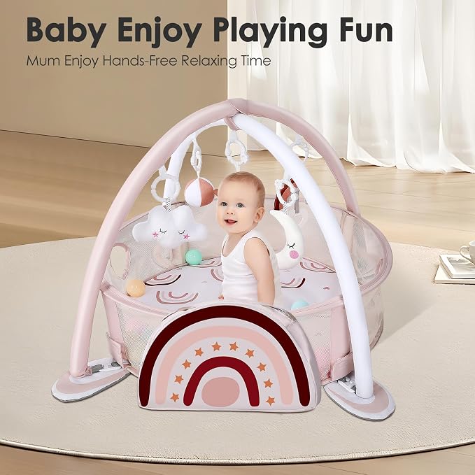 dearlomum Rainbow 4-in-1 Baby Play Mat Gym, with Ball Pit | Includes 30 Balls & 5 Learning Sensory Toys, Floor Gym Playmat for Newborn Infant Tummy Time, Ball Pit, Boy & Girl Gift