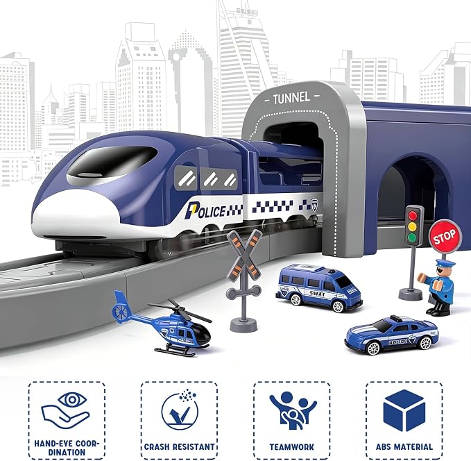 Wdmiya Train Set for Toddlers, 92 Pcs Train Toys for Kids Ages 3-8, Electric Trains Sets with Tracks (Magnetic Connection), Battery Operated Trains Birthday Gift for 3 4 5 6 7 8 (Police 92 Pcs)