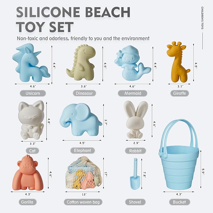 MarcZero 11Pcs Silicone Beach Toys,Collapsible Sand Bucket,Modern Baby Beach Toys,Travel Friendly Beach Set,Silicone Bucket,Shovel,Sand Molds, Beach Bag,Silicone Sand Toys for Toddlers, Kids (Blue)