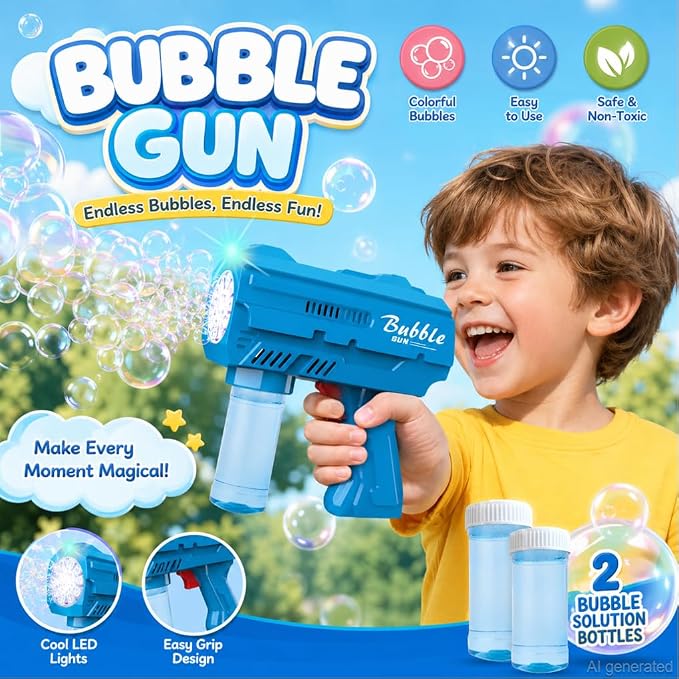 Light Up Bubble Machine Gun for Kids,Blue 10-Hole Automatic Bubble Gun forToddlers 1-3, Durable Handheld BubbleGun with Refill Solution for Kids Ages 4-8, Wedding Easter Party OutdoorBubble Toys(blue)