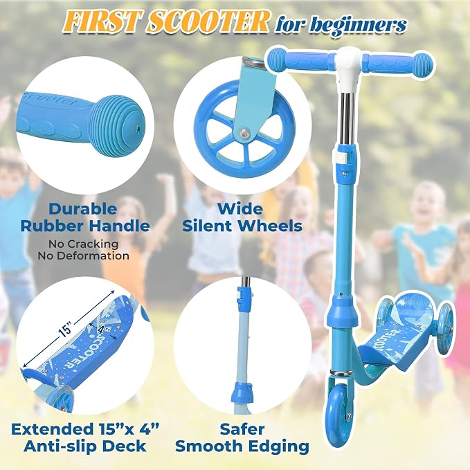 Kids Scooter Ages 3-7, 3 Wheel Scooter with LED Light Up Wheels, Safer Steering & Adjustable Handlebar, Wide Anti-Slip Deck, Heavy Duty Metal Kick Scooter for Boys Girls Toy Gift, Up to 110 lbs