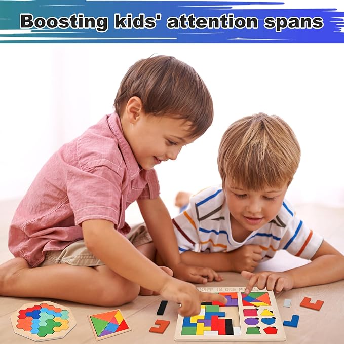 3 PCS Wooden Blocks Puzzles, 3-in-1 Russian Blocks Puzzle, Octagon Puzzle, Tangrams Puzzles, Brain Teaser Puzzles Game, Montessori STEM Educational Toys Gifts for Kids and Adults