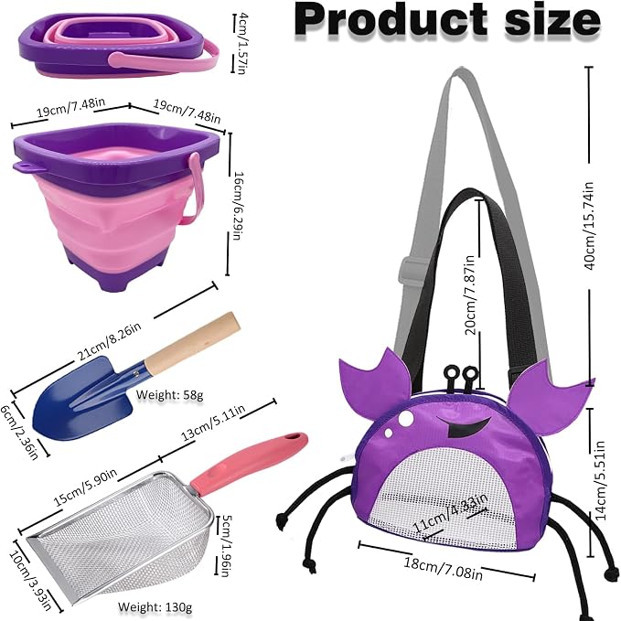 4PCS Beach Toy Mesh Shovel and Mesh Beach Bag Seashell Bag with Foldable Beach Bucket & Shovel,for Sand Filter & Collect Shells (Purple Crab