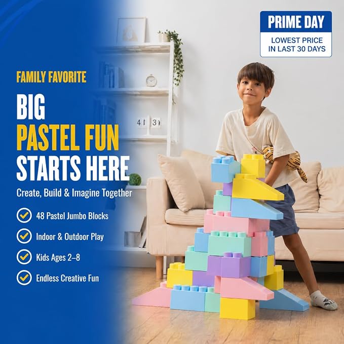 PLATPORTS 48-Piece Jumbo Big Blocks for Kids Ages 2–8 – Giant XL Large Plastic Building Blocks, Indoor/Outdoor Construction Play Set