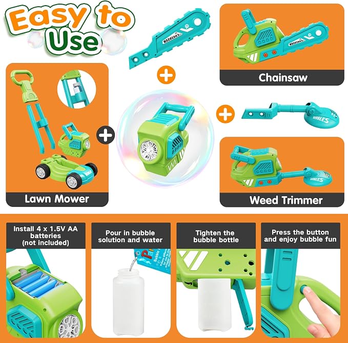Bubble Lawn Mower for Kids,3-in-1 Bubble Machine Blower Toy Ages 3-8 Green | Automatic Bubble Blower,10 Solution Packs,Pretend Gardening Play,Push Toy for Toddlers,Summer Outdoor Gift for Boys and Girls