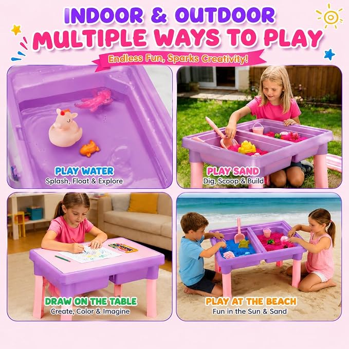 Carolart Unicorn & Axolotl 2-in-1 Sand Table & Water Table, Color-Changing Sand, Dual-Bin Sensory Table with Lid and Storage, Indoor Outdoor Activity Table for Toddlers Ages 3-8