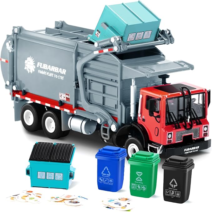 FUBARBAR Truck Toy Model – 1:43 Diecast Metal Garbage Recycling Waste Transport Truck with Trash Bin, Pull Back Model Car Toy for Kids 4-6 Age Boys Birthday Gift (Grey)