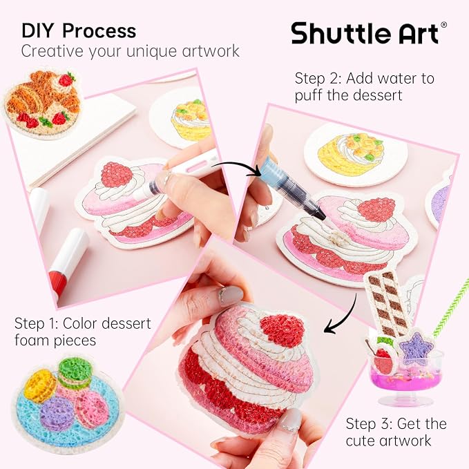 Shuttle Art 105 Pcs Magic Foam Texture Painting Kit Dessert Series: 24 Dessert Foam Pieces, Slime, Clay, Pastry Display Case, 12 Acrylic Paint Markers, Magical 3D Effect DIY Art for Kids Ages 3-12