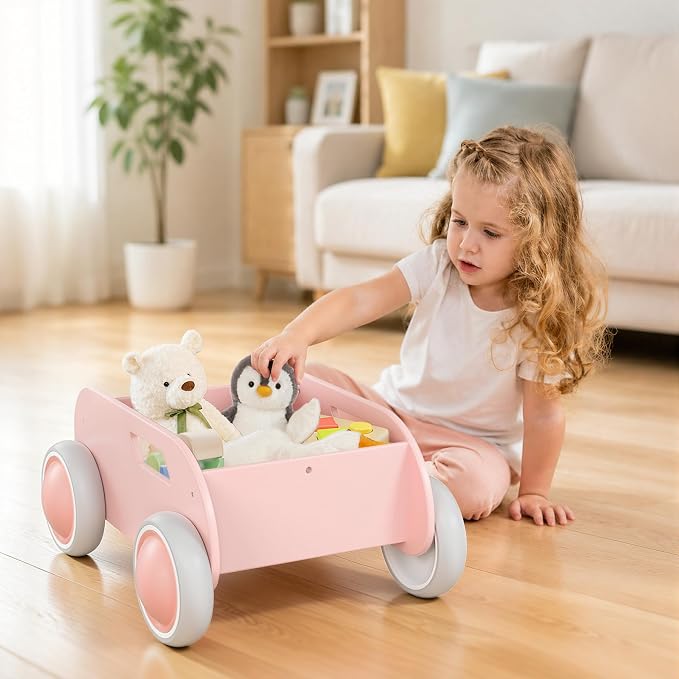 Wooden Baby Walker, Push and Pull Learning Walk Toys for Infants to Toddler, Walker with Wheels for Boys Girls, Gift for Birthday Christmas, Pink