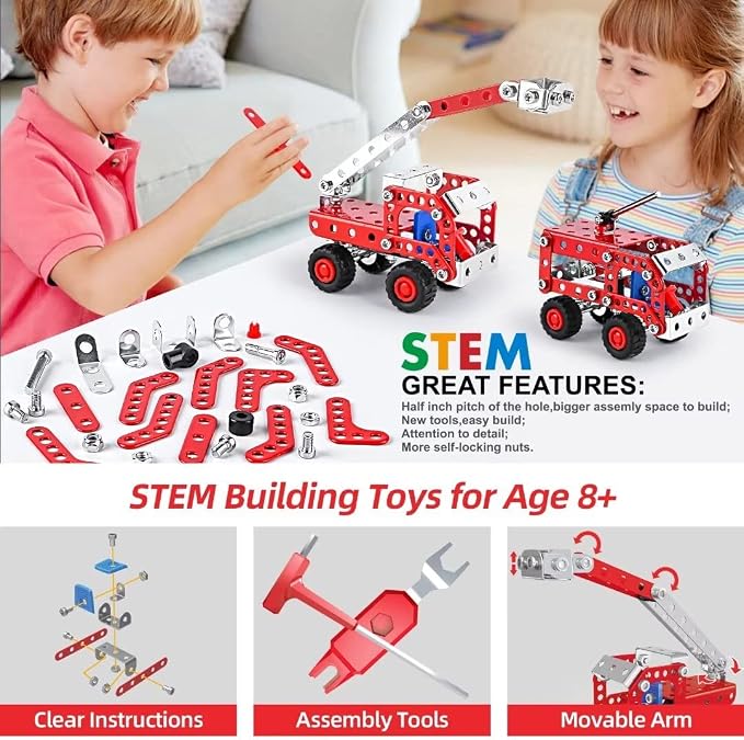 Ferthor Fun Stem Building Toys for Boys Age 8-12,Creative Sets Fire Trucks Series Model Kit,Assembly Toys for Kids,Metal Building Blocks for Model 4 in 1 Fire Fighting Cars(121PCS)