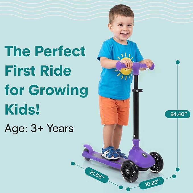 SereneLife Toddler Scooter, Adjustable Micro Scooter for Ages 2-5, Lightweight Kids 3 Wheel Design with LED Light-Up Wheels, Anti-Slip Deck & Lean-to-Steer Control, Indoor/Outdoor Use (Purple)