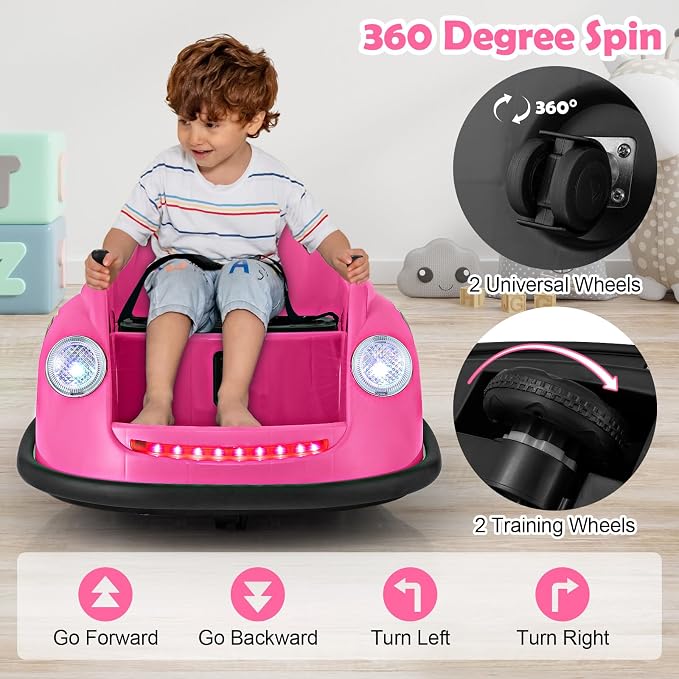 Costzon Bumper Car for Toddler, 12V Electric Kids Ride on Bumper Car with Remote Control, 360 Degree Spin, LED Lights, Music, Battery Powered Baby Bumping Toy Gift for Toddlers 2-5 Years Old (Pink)