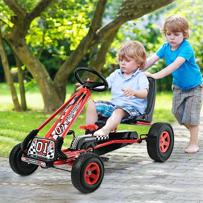 Costzon Go Kart for Kids, 4 Wheel Off-Road Pedal Go Cart w/Adjustable Seat, 2 Safety Brakes, EVA Rubber Tires, Ride-On Toys for Boys Girls, Outdoor Racer Pedal Car (Red, 40" L x 24''W x 24.5''H)