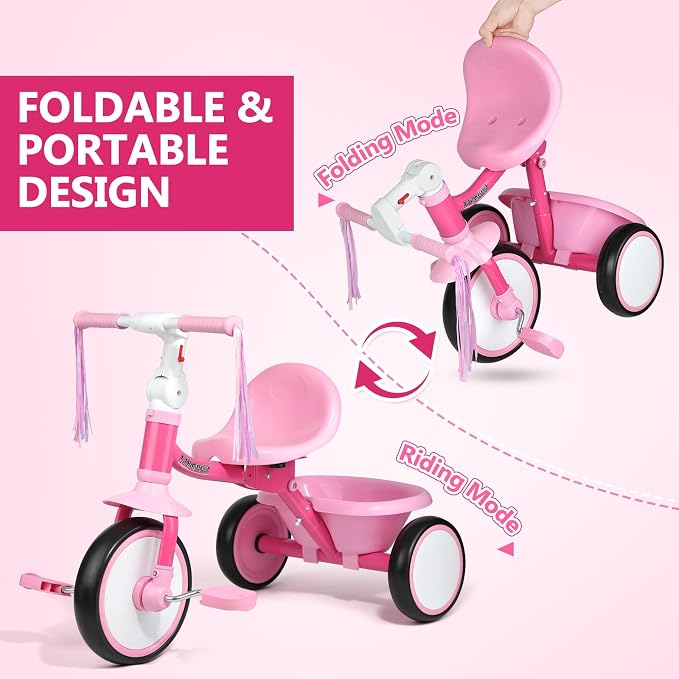 Liberry Foldable Toddler Tricycle Age 2 3 4 Years Old, Kids Trike with Adjustable Seat, Basket & Streamers, 3 Wheel Bike Riding Toy Birthday Gift for Girls Boys, Pink