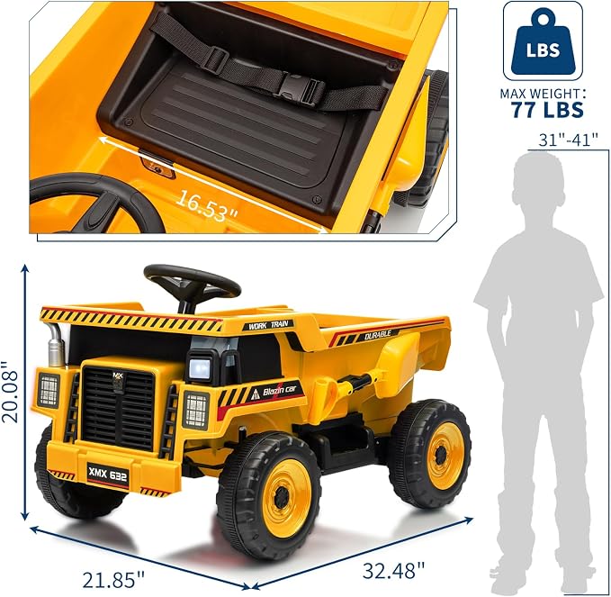 Garvee 12V Ride On Dump Truck for Kids, Ride On Car with Remote Control, Construction Vehicles with Dump Bed & Shovel, Ride-On Toys 16.5 in Spacious Seat, Music, Headlights, Soft Start, Yellow