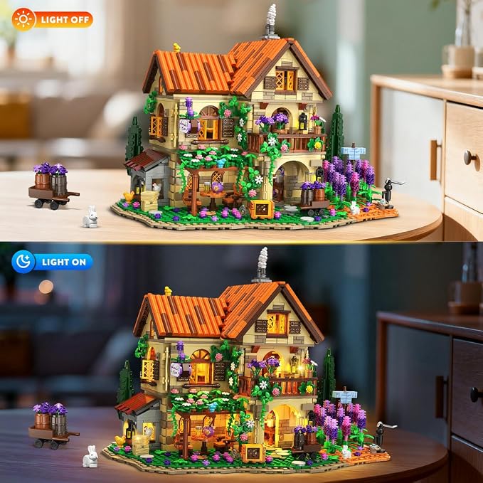 INSOON Lavender Cottage House Building Set with Lights, 1960 PCS Cozy Lavender Flower Garden Home Decor, Romantic Manor Construction Collection Building Kit, Gift for Adults Teens Boys Girls 12+