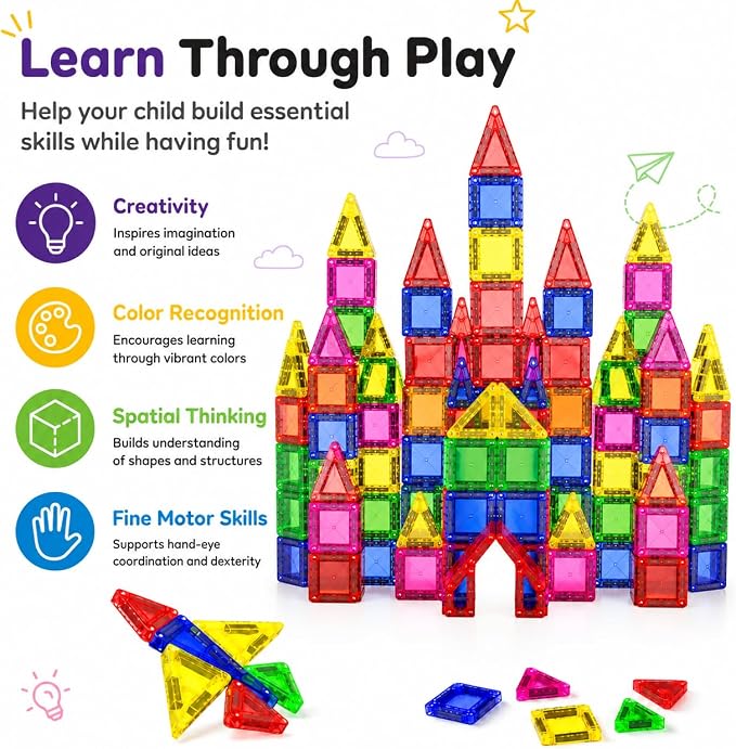 Mini Magnetic Tiles - 75 PCS Travel Magnetic Tiles, Micro Magnet Travel Toy for Kids Ages 3+, STEM Educational Building Set Construction Toys, Boys Girls Toddlers Birthdays Day Gifts