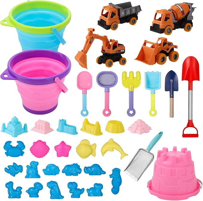 Beach Toys, 36 Pcs Sand Toys with 4 Construction Vehicles, 2 Collapsible Beach Bucket,1 Castle Buckets, Sand Castle Building Kit, Sand Molds, Shovel Set for Kids Boys Girls Age 3+
