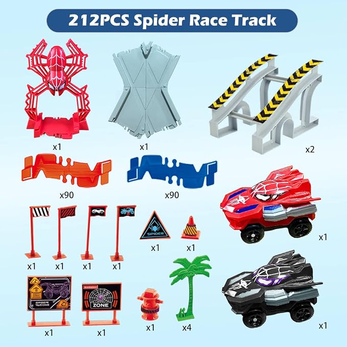 KaeKid Spider Race Track for Boys 3-8, 212PCS Race Car Track with 2 Spider Cars, DIY Flexible Track Playset, Toddler Toys Birthday Gifts for Kids