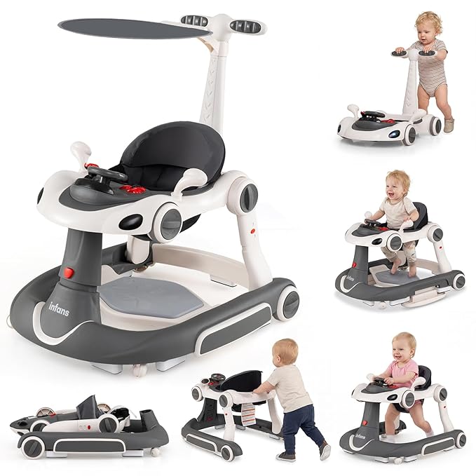INFANS 6-in-1 Foldable Baby Walker, Converts Push Car to Bouncer, Rocker with Music, Lights, Adjustable Height & Speed, Activity Center, Canopy for 7-18 Months (Gray White)
