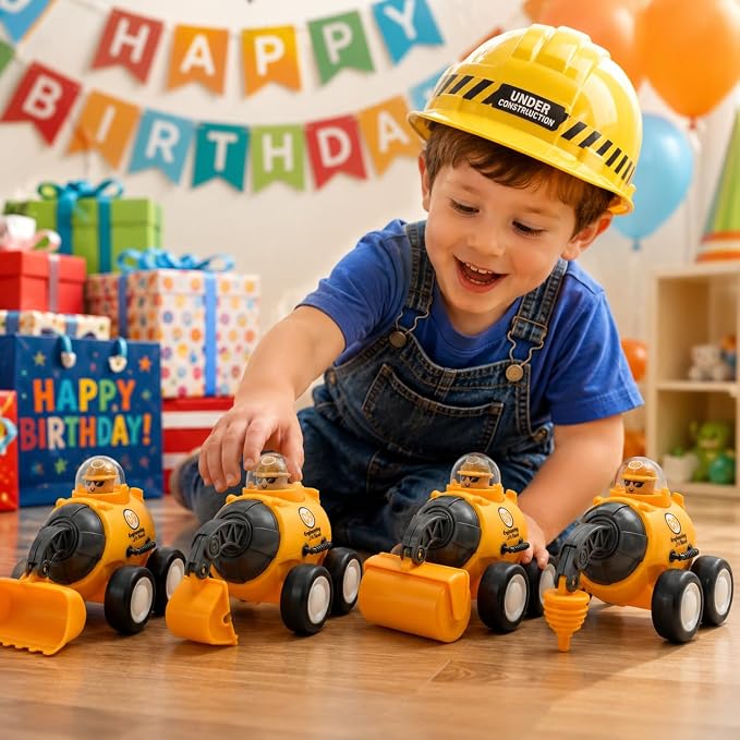 Press and Go Construction Truck Toys, 4 Pack Vehicles for Toddlers | Includes 4 yellow construction vehicles; movable front arm; for sandbox, floor play, and gift moments.