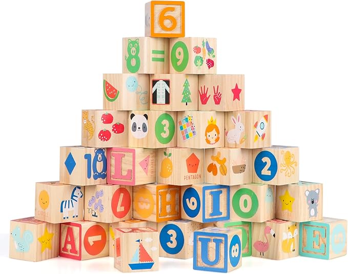 Wooden Building Blocks for Toddlers, Large Wood Baby Stacking Blocks Set for Kids, 30 PCS Alphabet Blocks with Toy Wagon, Educational Wooden Toys for Boys Girls Gifts 1.65"