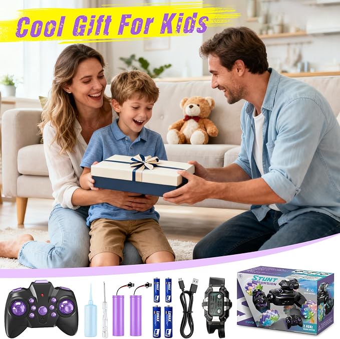Gesture Sensing Remote Control Car, RC Cars Toys for Boys Age 6-12, 4WD Hand Controlled Twist & Transform 360° Spins Stunt Car with Mist, Light & Music, 8-10 Year Old Boys Birthday Gift Purple