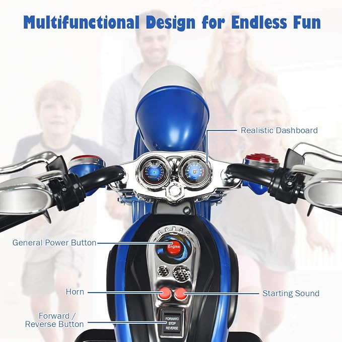 Costzon Kids Motorcycle, 6V Battery Powered Ride on Chopper Motorcycle w/Horn, Headlight, 3-Wheel Stable Ride on Toys, Electric Toddler Motorcycle for Kids, Gift for Boys Girls (Blue)