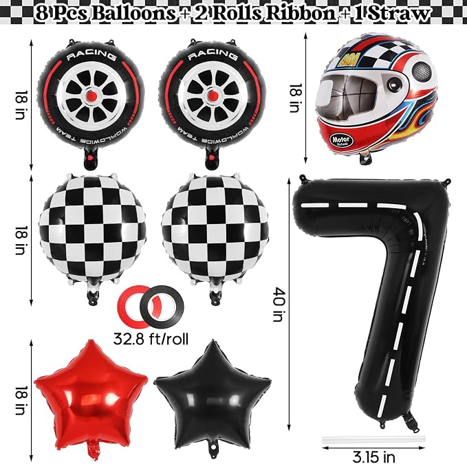 Race Car 7 Balloons, 40 Inch Racetrack Number 7 Balloon, Large Foil Mylar Racetrack Black 7 Balloon for 7 Year Old Birthday Race Car Themed Party Decoration