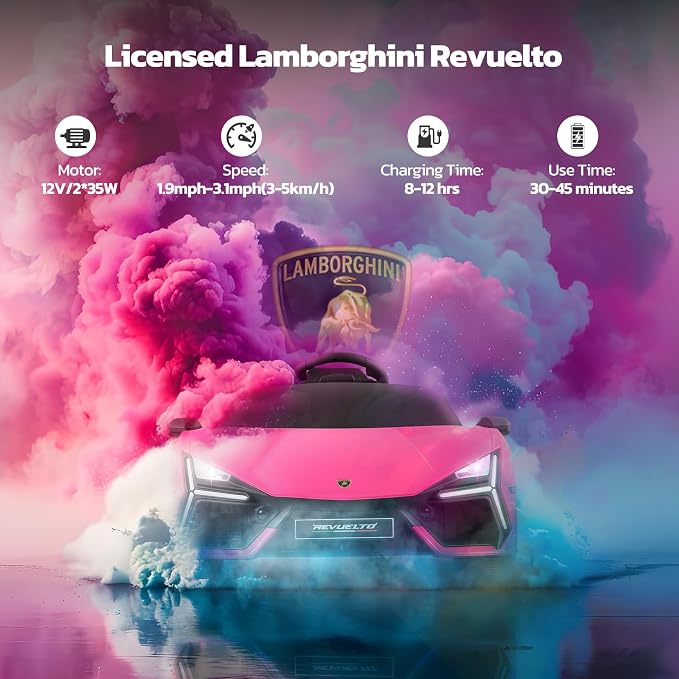 ELEMARA Licensed Lamborghini Car for Kids to Drive with Scissor Door,Toddler Ride on Toys with Remote Control,12V Battery Car for Kid with Bluetooth,MP3 Player,LED Light and Wide Seat, Hot Pink