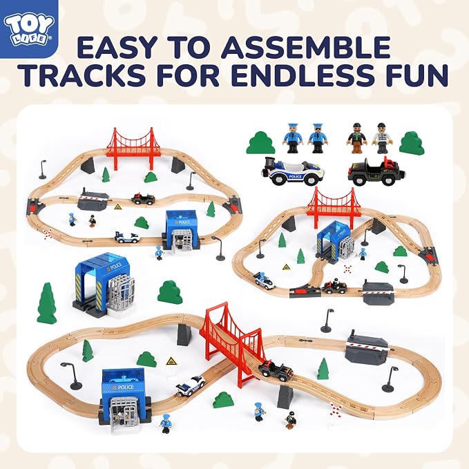 TOY Life Wooden Train Set for Toddlers 2-4, 56PCS Police Station Train Toys with Wooden Train Track Set, Magnetic Police Car Set, Toys for 3 4 5 6 Year Old Boys Kids, Compatible with Major Brand