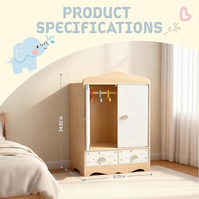 Freniland Wooden Doll Dress-Up Organizer with Doors, 3 Hangers & 2 Drawers, Doll Furniture, Pretend Play Storage Cabinet Gift for Girls Ages 3+