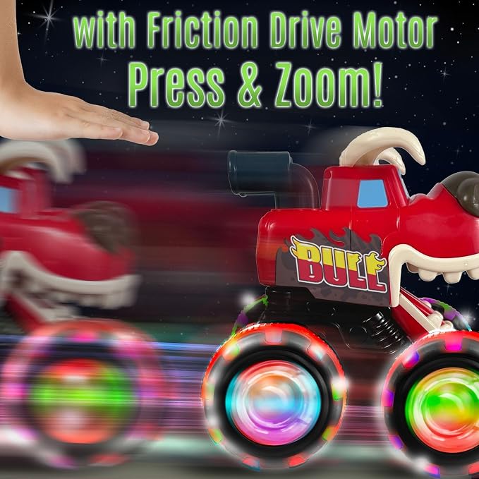 stargo 2 Pack Monster Truck Toy - Motion Activated Pull Back Light-Up Cars for Toddlers - Monster Shark & Bull with Lightning Wheels, Press & Go Cars for Easter Basket Stuffers & Boy Birthday Gifts