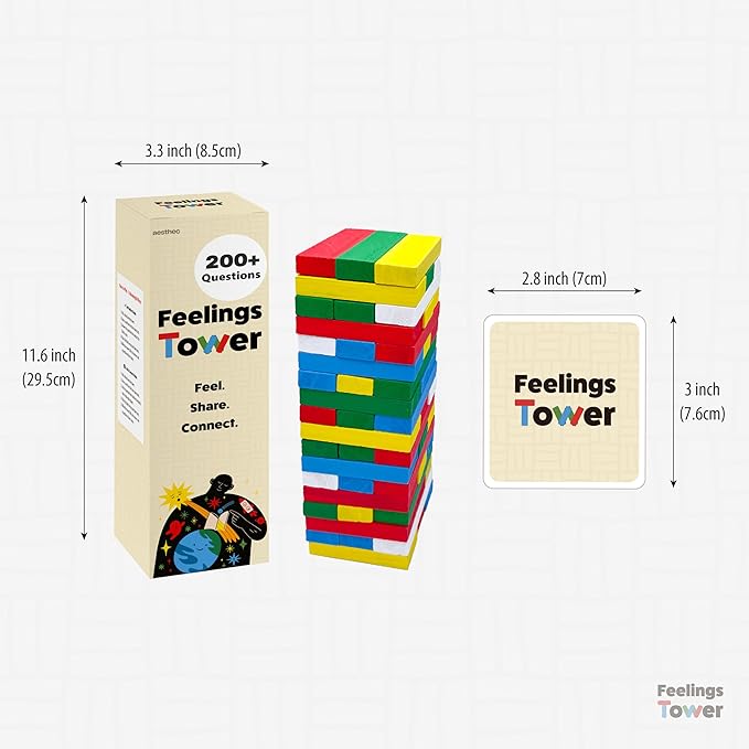 Feelings Tower Therapy Game for Kids & Teens – Emotion Regulation Stacking Blocks with Conversation Cards, 208 CBT Questions for Therapeutic Learning, Educational Play, Connection and Social Skills