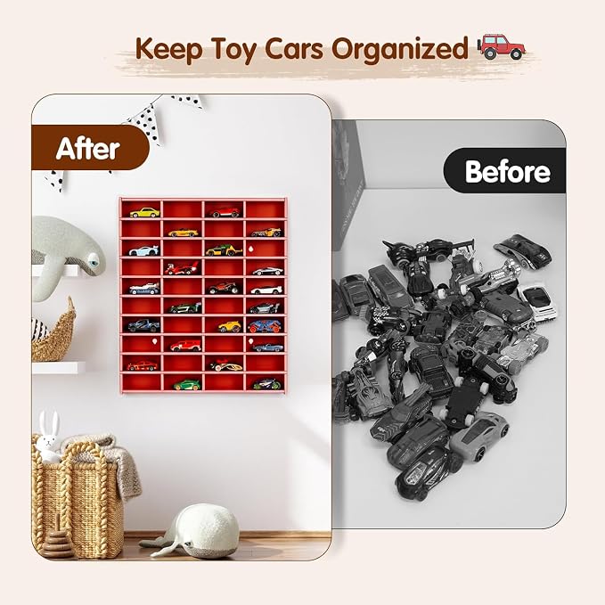 Krafetto Toy Car Display Shelf, Holds 40 Diecast 1/64 Toys Car, Wall Mount Model Cars Storage Organize Case (red 1/64 Toy Car Display Shelf)