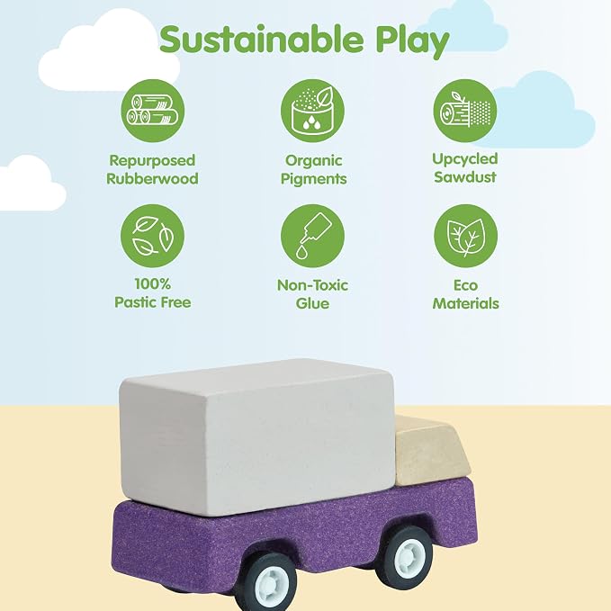 PlanToys® Purple Delivery Truck Wooden Montessori Vehicle Toy | Early Movement, Imagination and Practical Life Exploration | Eco Friendly Truck for Indoor and Outdoor Play