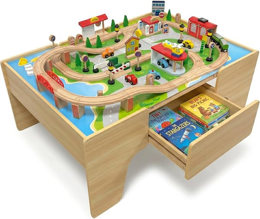 Wooden Train Set & Table for Toddlers, Reversible Activity Table with Storage Drawer, Compatible with Thomas, Birthday Gift for Kids Ages 3-7