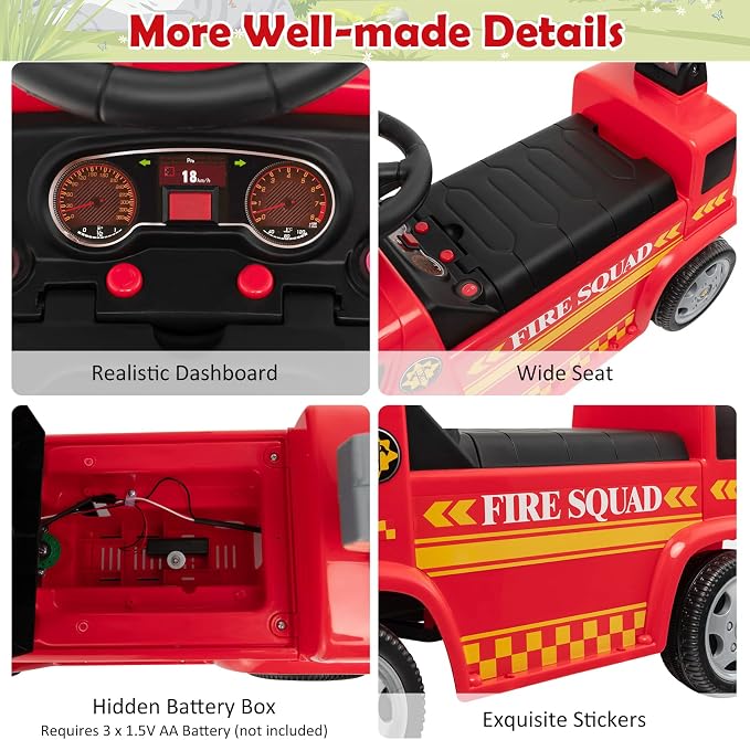 Costzon Kids Ride On Fire Truck, Ride On Push Car with Ladder Bubble Maker, Headlights, Siren Sounds & Music, Foot-to-Floor Sliding Car for Toddlers, Gift for Boys Girls Aged 18-36 Months