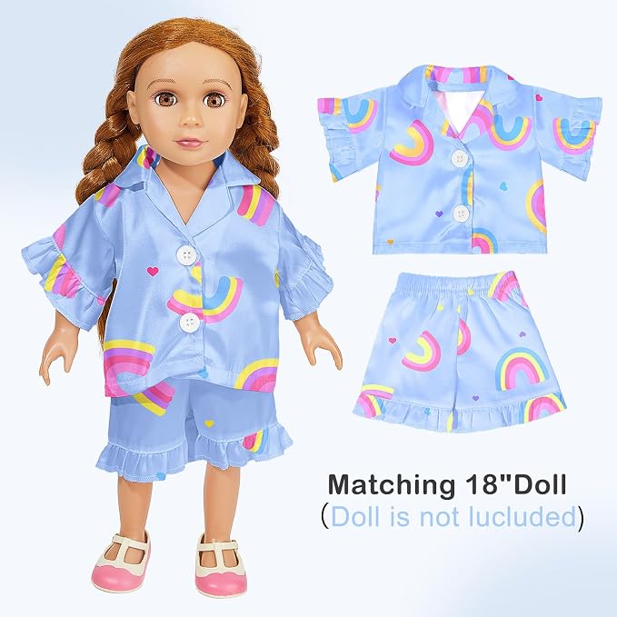 ICOSY Matching Doll & Girls Silk Pajamas Satin Pjs for Girls Button-Down Top and Shorts for 18" Doll Girl Clothes