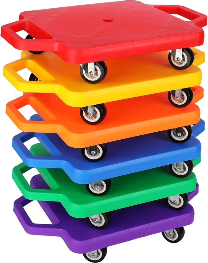 Jerify 6 Pcs Sports Scooter Board Bulk for Kids Gym Scooters Board with Handles Plastic Casters Sitting Flat for Children Gym Indoor Outdoor Activities Play Equipment(Square Handle Mixed Color)