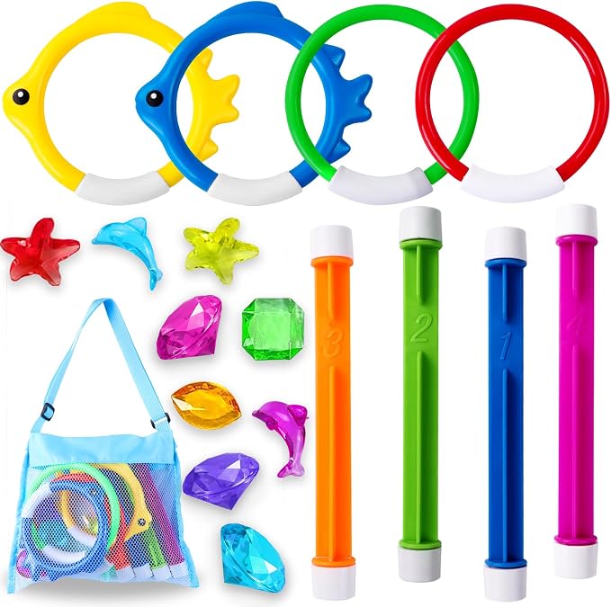 YUJUN 18PCS Pool Diving Swimming Toys, Summer Underwater Game Toys with Pool Fishes Dive Sticks Rings Gems Storage Bag for Kids Swim Birthday Party Favors