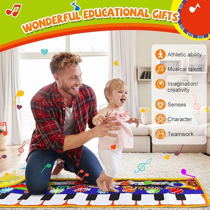 RenFox Baby Piano Mat with 25 Music Sounds, Kids Musical Playmat, Early Education Development Birthday Gift Music Toy for 1 2 3 Year Girls Boys, Piano Keyboard Touch Play Blanket for Easter Gifts