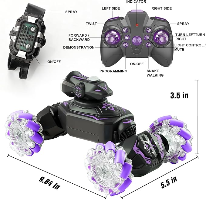 Gesture Sensing Remote Control Car, RC Cars Toys for Boys Age 6-12, 4WD Hand Controlled Twist & Transform 360° Spins Stunt Car with Mist, Light & Music, 8-10 Year Old Boys Birthday Gift Purple