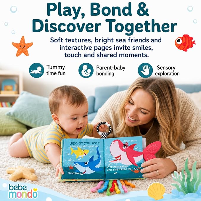 Fish Baby Books Toys, Touch Feel Cloth Crinkle Books for Babies,Baby Infant Toys 0-6, 6-12,12-18 Months,Newborn,Early Learning Education, Baby Gifts Shower for Boys Girls,Teething, Mirror,Shark Ocean