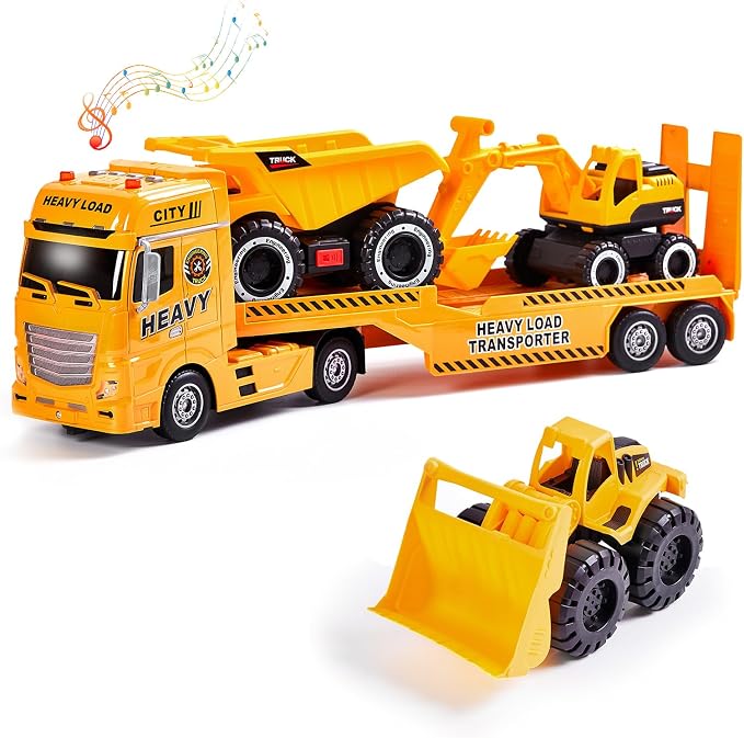 4-in-1 Construction Carrier Truck Toys for Kids | Semi Toy Car Kids Toy with Excavator and Dump Truck, Great Gift for Age 3+ Years Old Boys Girls