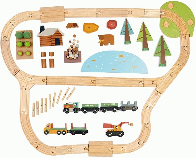 Tender Leaf Toys - Wild Pines Train Set - Stunning Wooden Lumberjack Style Toy Train Set for Age 3+