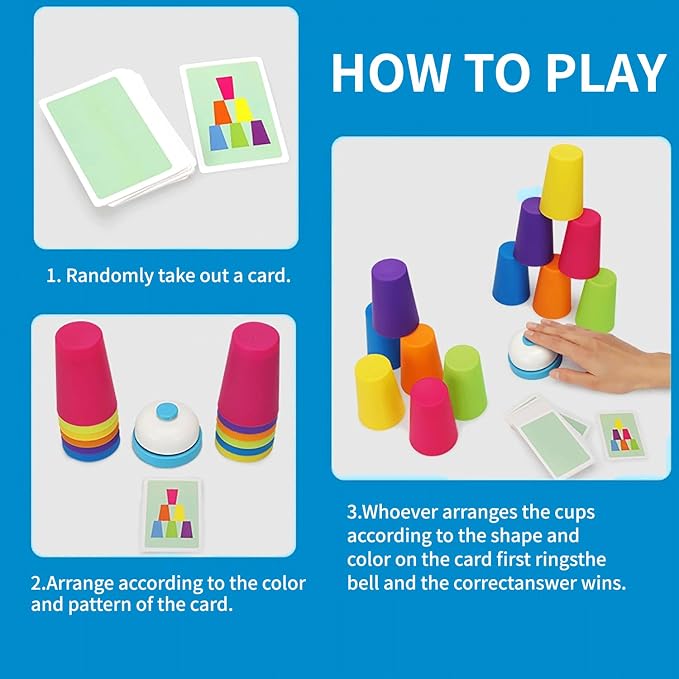 Cup Stacking Game Set with Cards and Bell, Quick Stack Speed Game + Building Blocks Puzzle 2-in-1, Family Party Game for Kids Ages 3-8, STEM Educational Toy 48 Pieces