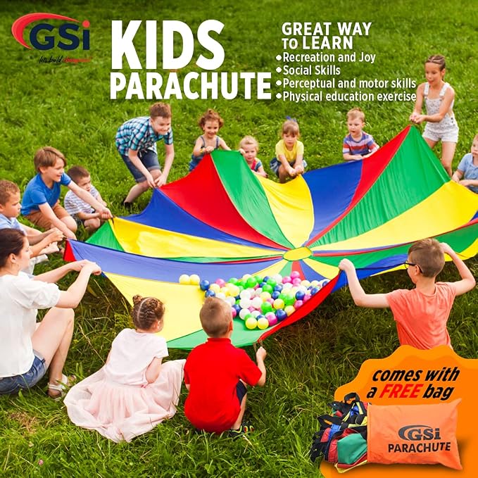 GSi Kids Play Parachute Rainbow Parachute Toy Tent Game for Children Gymnastics Cooperative Play and Outdoor Playground Activities (24 Feet)
